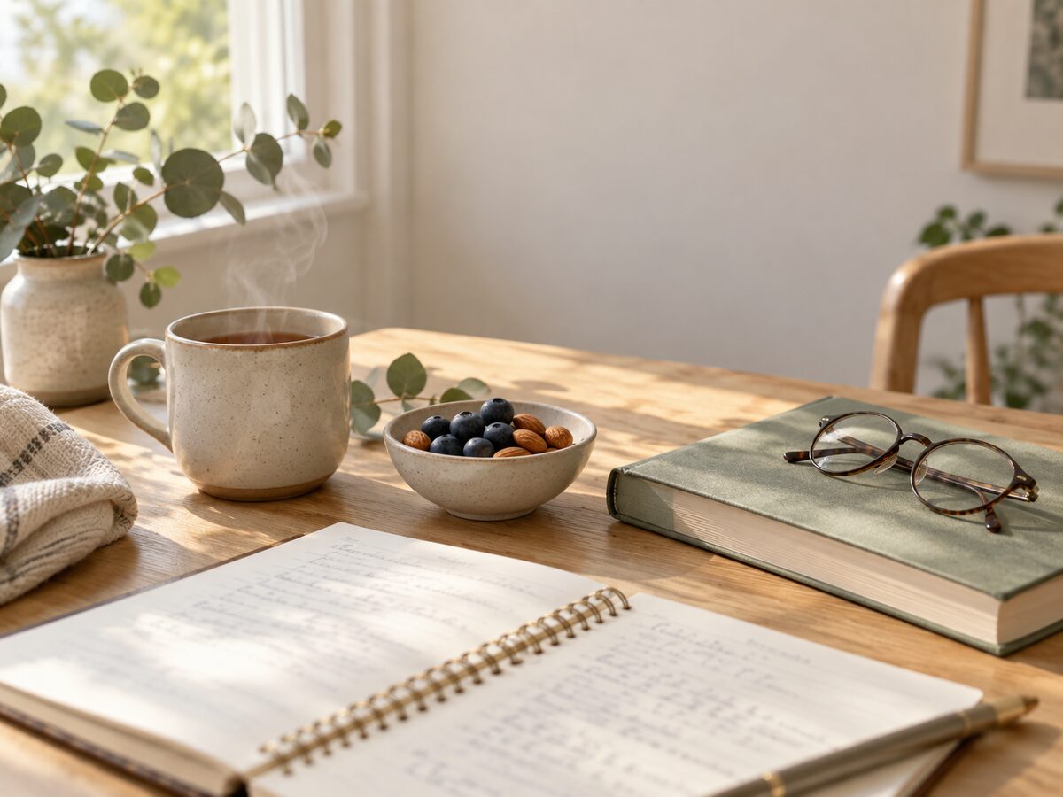Open notitieboek, een boek met leesbril en een kop thee op een houten tafel bij het raam